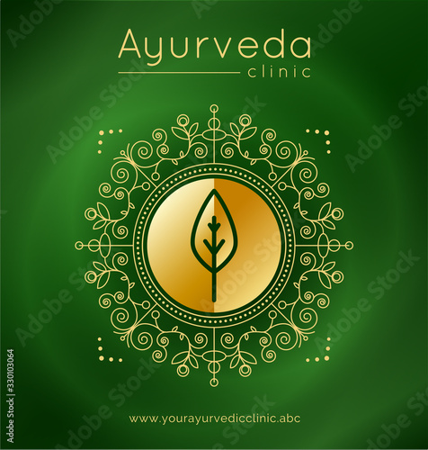 Ayurveda poster with ethnic patterns and sample text in gold tones on a green gradient backdrop for use as a template of banner, website or poster for ayurveda medicine center or product. Vector.