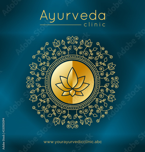 Ayurveda poster with ethnic patterns and sample text in gold tones on a blue gradient backdrop for use as a template of banner, website or poster for ayurveda medicine center or product. Vector.