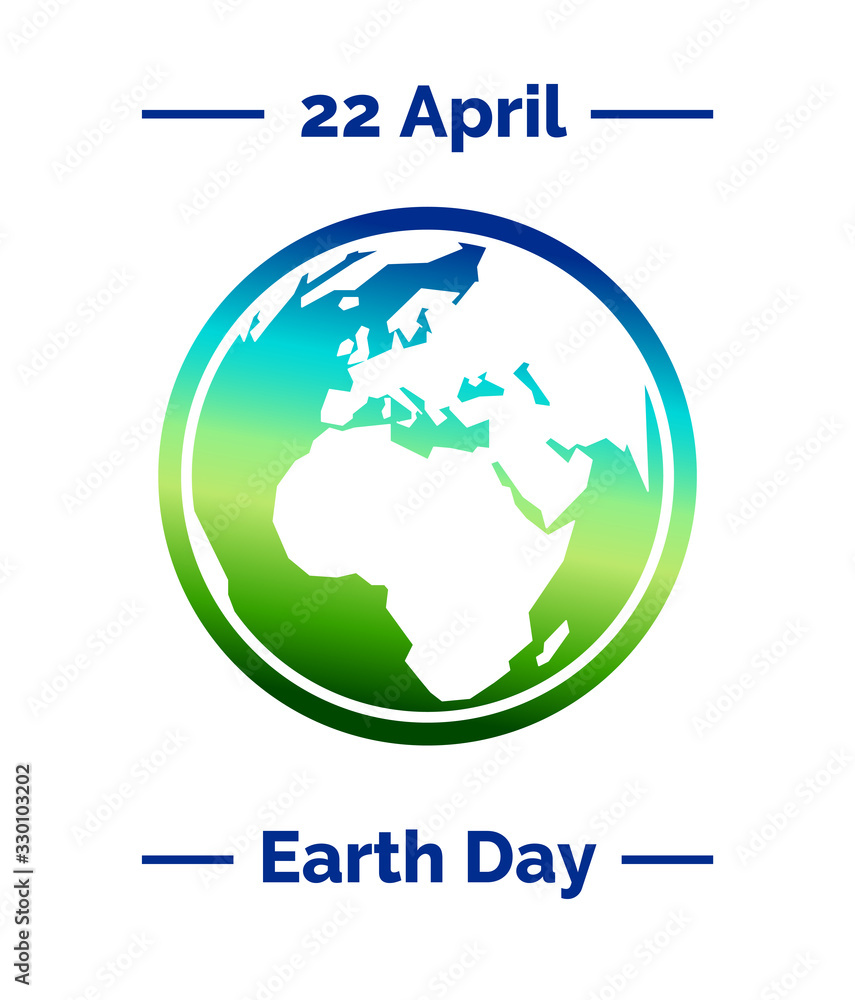 Bright vector illustration for 22 April, Earth Day with the Earth in gradient colors in flat style for use as template of poster, flyer or banner.  Globe and blue text as a concept for Earth Day. 