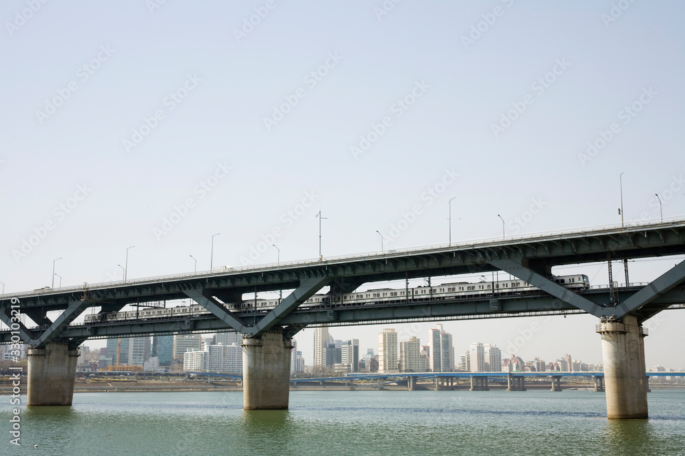 A subway passing over the Han River in Seoul, Korea.