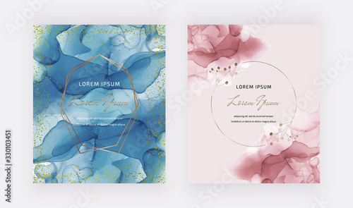 Blue and red alcohol ink texture with gold confetti and polygonal lines frame. Modern vector design for wedding invitation, greeting, banner, flyer, poster, save the date