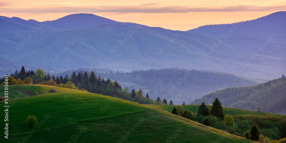 panoramic mountainous countryside in springtime at dusk. trees on the rolling hills. ridge in the distance. clouds on the sky. wonderful rural landscape of carpathians