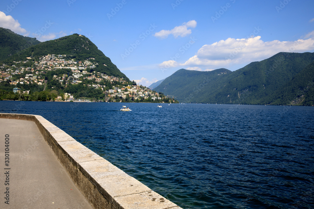 Lugano / Switzerland - June 01, 2019: Lugano lake view, Lugano, Switzerland, Europe