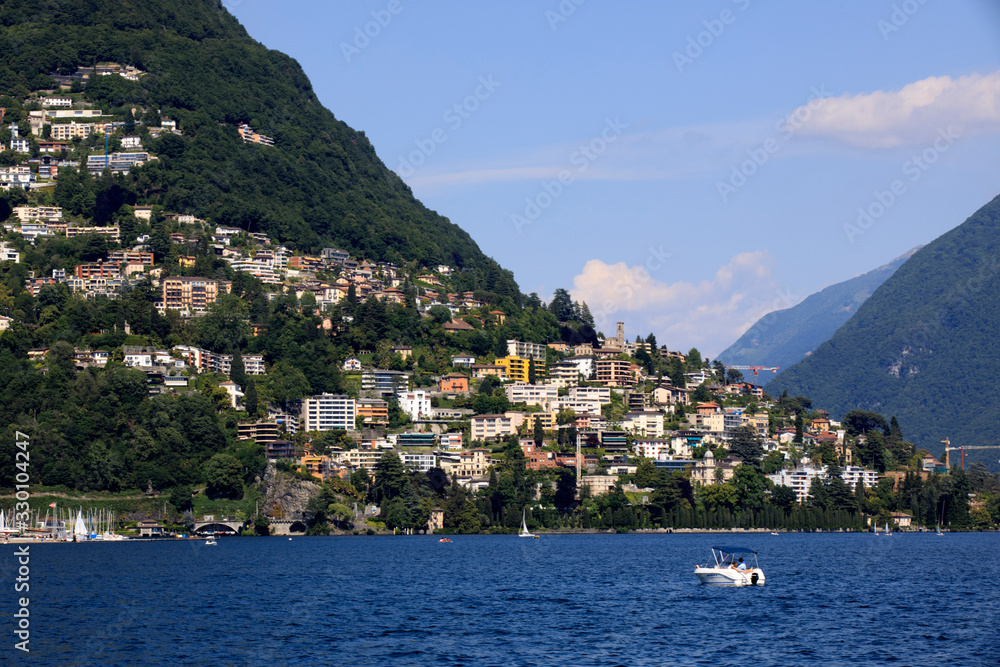 Lugano / Switzerland - June 01, 2019: Lugano lake view, Lugano, Switzerland, Europe