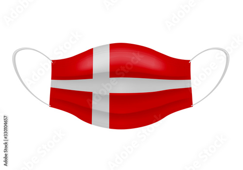 Coronavirus in Denmark. Graphic of surgical mask with danish flag. Novel coronavirus (2019-nCoV or CoVid-19). Medical face mask as concept of coronavirus quarantine. Coronavirus outbreak.