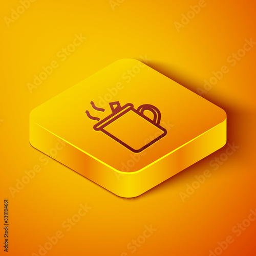 Isometric line Mulled wine with glass of drink and ingredients icon isolated on orange background. Cinnamon stick, clove, lemon slice. Yellow square button. Vector Illustration