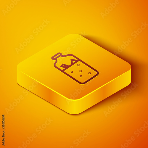 Isometric line Mulled wine with ingredients icon isolated on orange background. Cinnamon stick, clove, lemon slice. Yellow square button. Vector Illustration