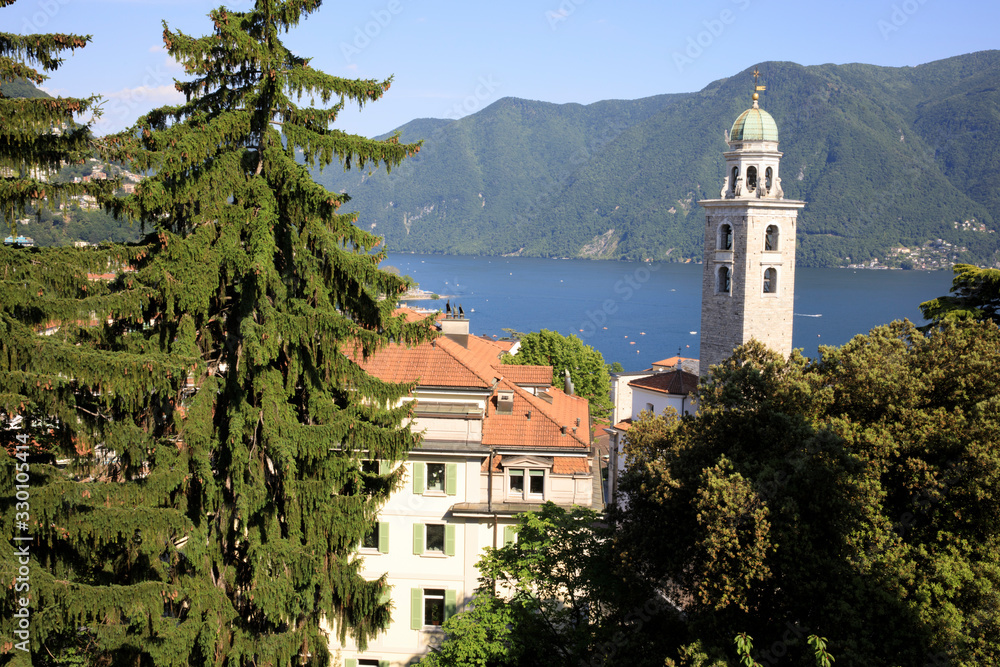 Lugano / Switzerland - June 01, 2019: View from Lugano station area, Lugano, Switzerland, Europe