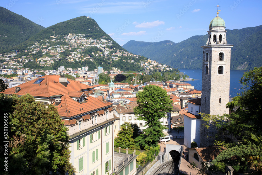Lugano / Switzerland - June 01, 2019: View from Lugano station area, Lugano, Switzerland, Europe