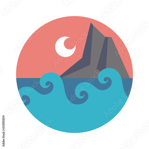 sea scape scene with moon and mountain flat style icon