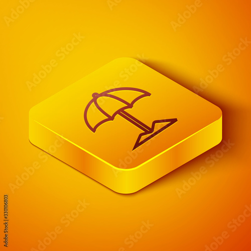 Isometric line Sun protective umbrella for beach icon isolated on orange background. Large parasol for outdoor space. Beach umbrella. Yellow square button. Vector Illustration