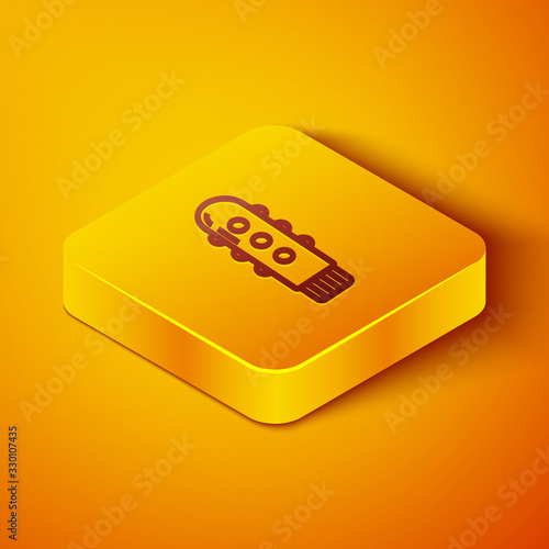 Isometric line Dildo vibrator for sex games icon isolated on orange background. Sex toy for adult. Vaginal exercise machines for intimate. Yellow square button. Vector Illustration
