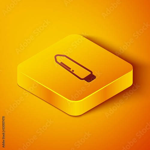 Isometric line Dildo vibrator for sex games icon isolated on orange background. Sex toy for adult. Vaginal exercise machines for intimate. Yellow square button. Vector Illustration