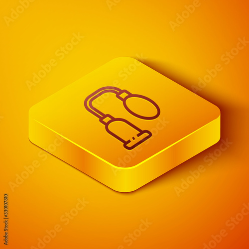 Isometric line Penis pump icon isolated on orange background. Penis enlarger. Sex toy for men. Vacuum pump with a blower to increase the penis. Yellow square button. Vector Illustration