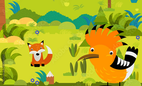 cartoon scene with different european animals in the forest illustration