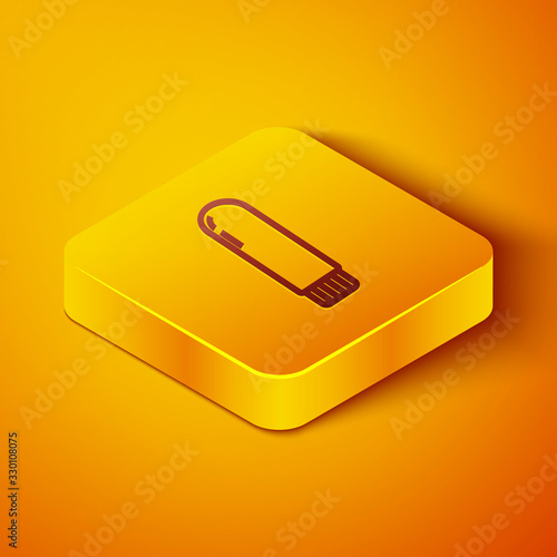 Isometric line Dildo vibrator for sex games icon isolated on orange background. Sex toy for adult. Vaginal exercise machines for intimate. Yellow square button. Vector Illustration