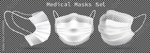 Set of medical masks - template. From different angles To protect coronavirus, infection and contaminated air. 3D realistic illustration. Isolated on transparent background. Vector.