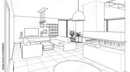 interior kitchen living room 3d illustration