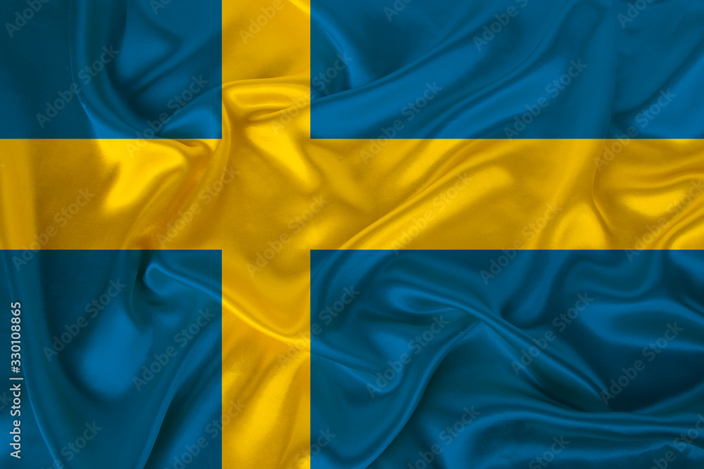 photo of the national flag of the state of Sweden on a luxurious texture of satin, silk with waves, folds and highlights, close-up, copy space, illustration photo of the national flag of the state of Sweden on a luxurious texture of satin, silk with waves, folds and highlights, close-up, copy space, illustration