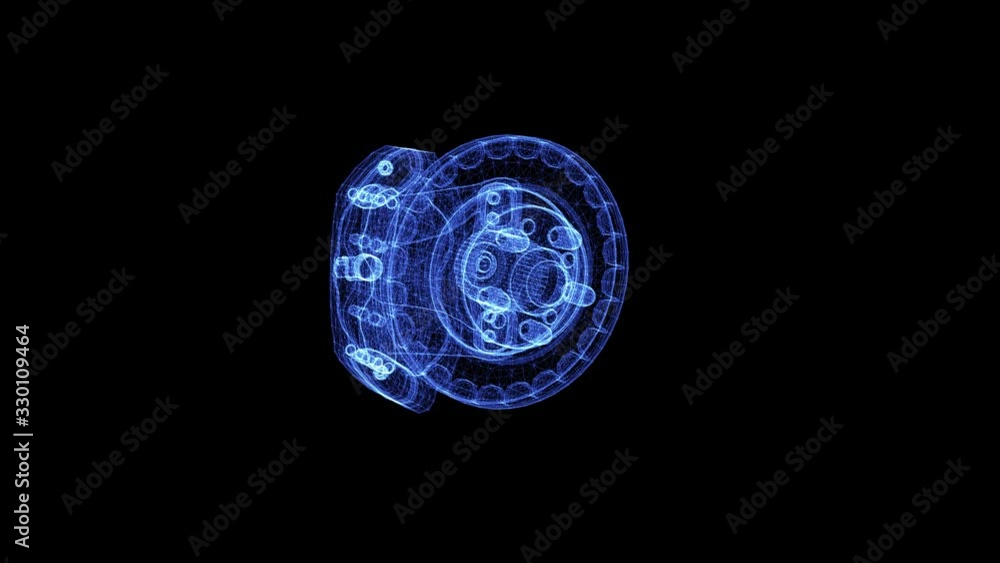 Hologram of a rotating brake disc and caliper. 3D animation of car