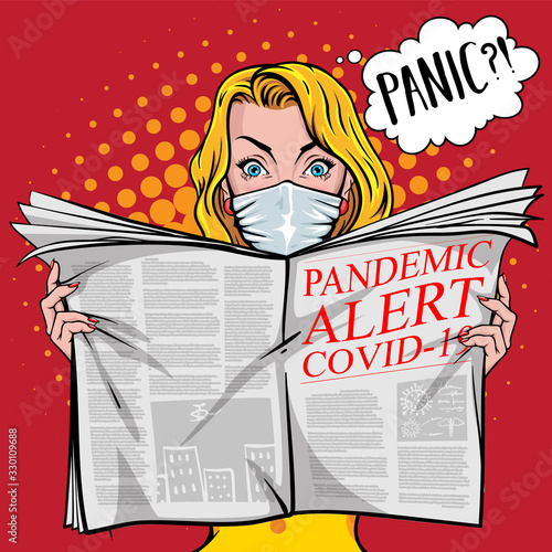 "Pandemic alert COVID-19". Pretty woman reading tabloid newspaper with safe face-mask, panic, shocking stories, scaremongering. Vector illustration in pop art style.