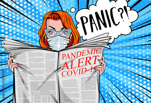 "Pandemic alert COVID-19". Pretty woman reading tabloid newspaper with safe face-mask, panic, shocking stories, scaremongering. Vector illustration in pop art style.