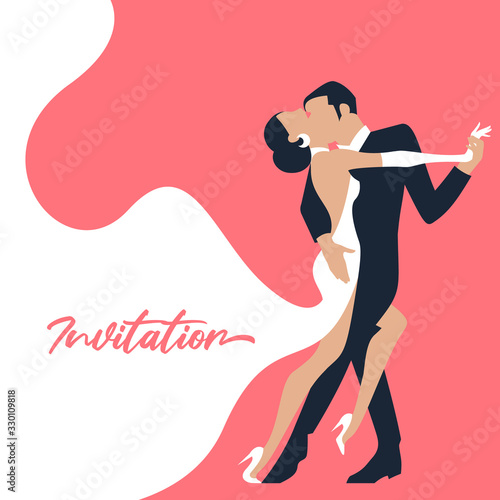 Tango dance. Vector illustration of couple at a wedding in the style of the early 20th century. Retro marriage party invitation card. Flat art style.