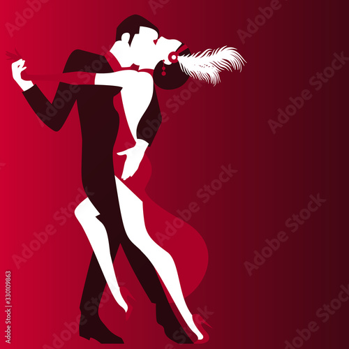 Tango dance. Vector illustration of couple at a party in the style of the early 20th century. Retro party invitation card. Art Deco style.