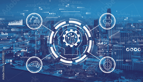 Canvas Print Future technology concept with downtown San Francisco skyline buildings