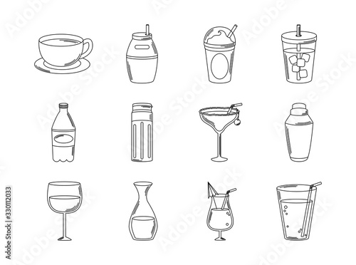 drinks beverage glass cups bottle alcoholic liquor icons set line style icon