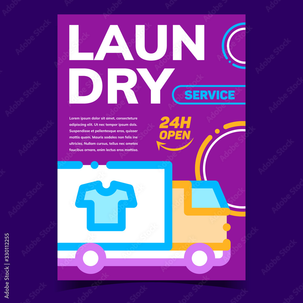 Laundry Service Creative Advertise Poster Vector. Cargo Truck Laundry Clean Clothes Delivery And Transportation. Washing And Cleaning Concept Template Stylish Colorful Illustration