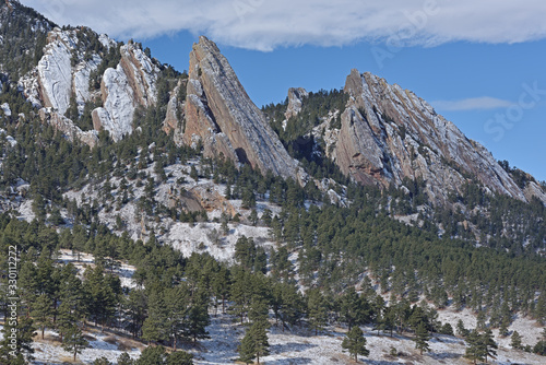 Winter landscape of the snow flocked Flatirons  Rocky Mountains  Boulder  Colorado  USA