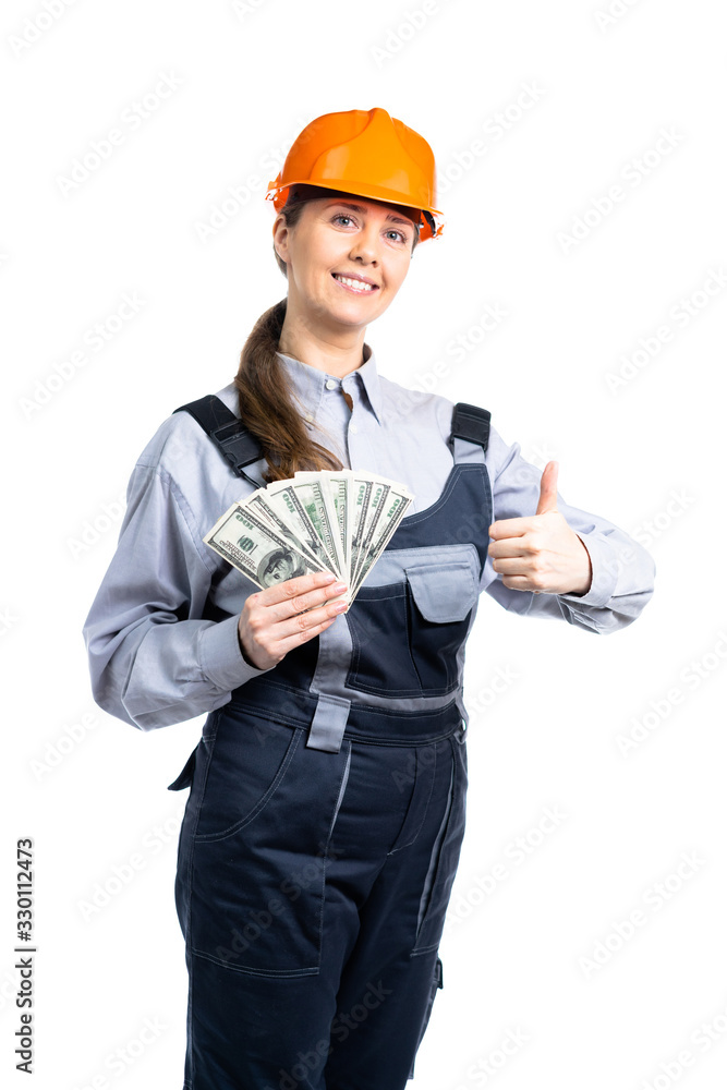 construction worker girl. The girl earned a lot of money and is very happy about it. Isolated construction worker girl. The girl earned a lot of money and is very happy about it. Isolated