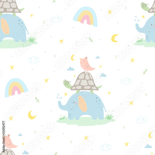 Seamless pattern with cute little elephant  turtle  bird. Creative scandinavian kids texture for fabric  wrapping  textile  wallpaper  apparel. Vector illustration. Vector print