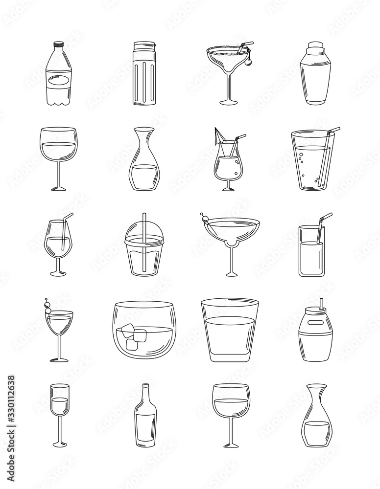 drinks beverage glass cups bottle alcoholic liquor icons set line style icon drinks beverage glass cups bottle alcoholic liquor icons set line style icon