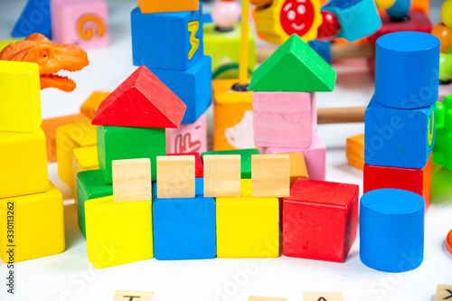 children toy wood block colorful on white floor