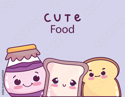 cute food white whole wheat bread and jar with jam sweet dessert pastry cartoon