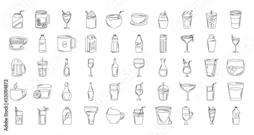 drinks beverage glass cups bottle alcoholic liquor icons set line style icon