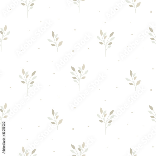 Floral seamless pattern with tiny branches. Vector white neutral background. © YoPixArt
