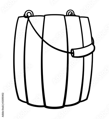 Wooden bucket for bathhouse with a handle in black lines on white backgound