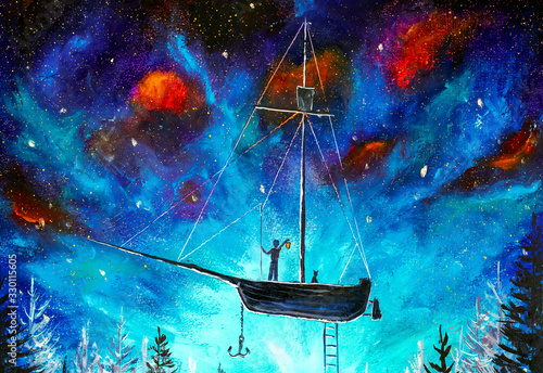 Space travel on a pirate ship Peter Pan watercolor painting on acrylic on canvas. A boy on a flying ship in starry space.