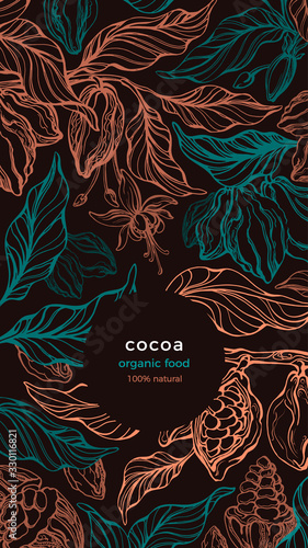 Cocoa background. Vector chocolate tree, gold bean