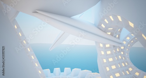 Abstract drawing architectural background. White interior with discs that hovered over the sea. Neon lighting. 3D illustration and rendering.