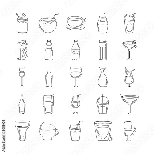 drinks beverage glass cups bottle alcoholic liquor icons set line style icon