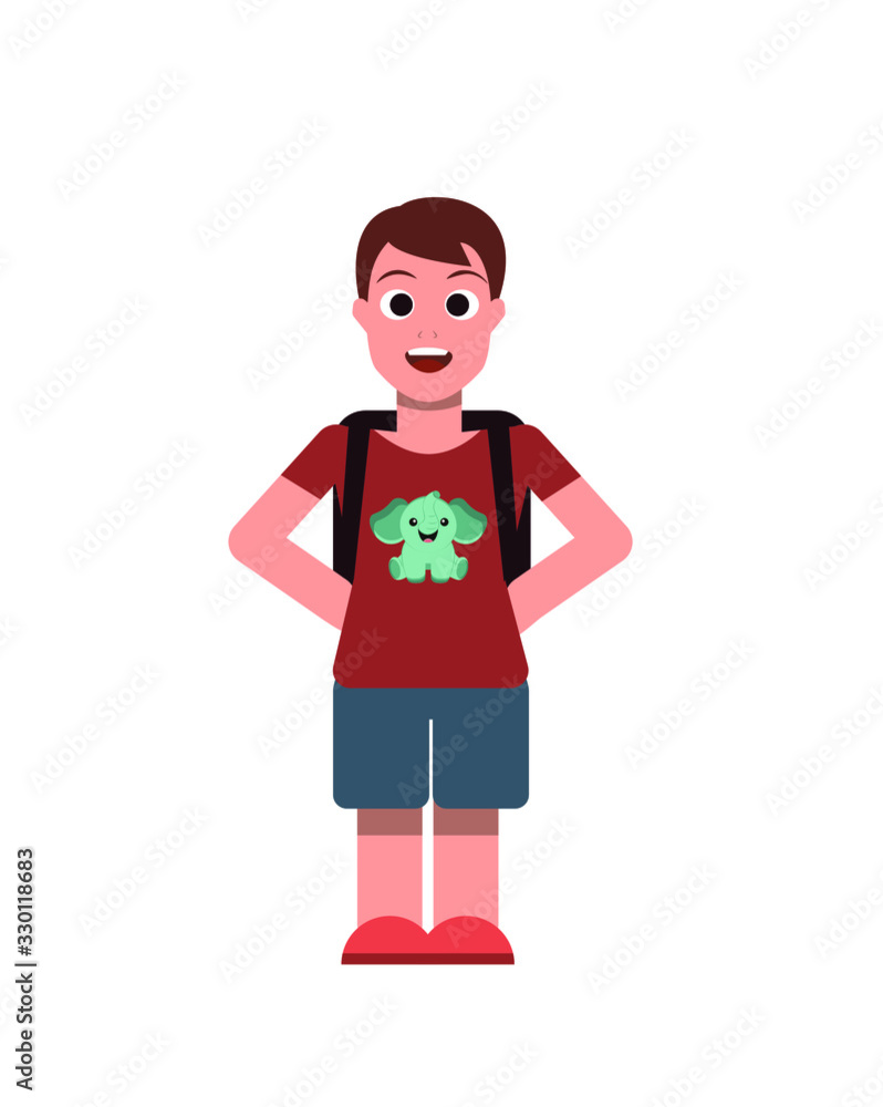 Small surprised boy with a briefcase stands with his hands on his hips. Flat vector illustration. Small surprised boy with a briefcase stands with his hands on his hips. Flat vector illustration.