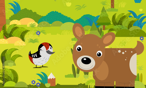 cartoon scene with different european animals in the forest illustration