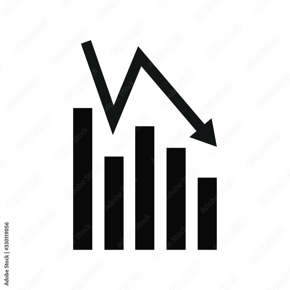 Bar chart. Black and white arrow down icon. Corporate strategy. Infographics statistics, data analysis, data collection, recession or rising graphs. For business.Vector Bar chart. Black and white arrow down icon. Corporate strategy. Infographics statistics, data analysis, data collection, recession or rising graphs. For business.Vector