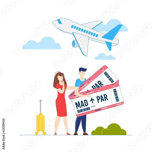 People with tickets and suitcase. Couple Holding Boarding Pass.