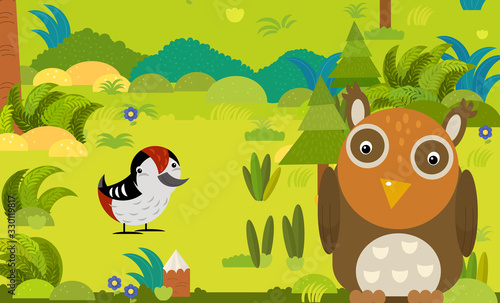 cartoon scene with different european animals in the forest illustration