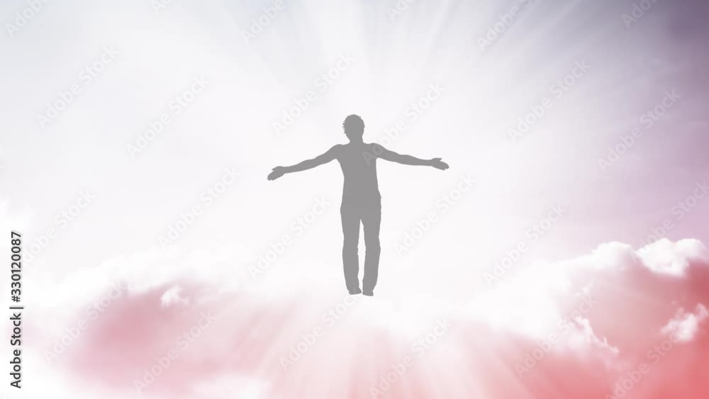 Creative 4k video with the parallax effect of the sky with moving clouds and sunlight, the silhouette of a man with spread arms, flying in bright light and dissolving in it. The concept of open mind. Creative 4k video with the parallax effect of the sky with moving clouds and sunlight, the silhouette of a man with spread arms, flying in bright light and dissolving in it. The concept of open mind.